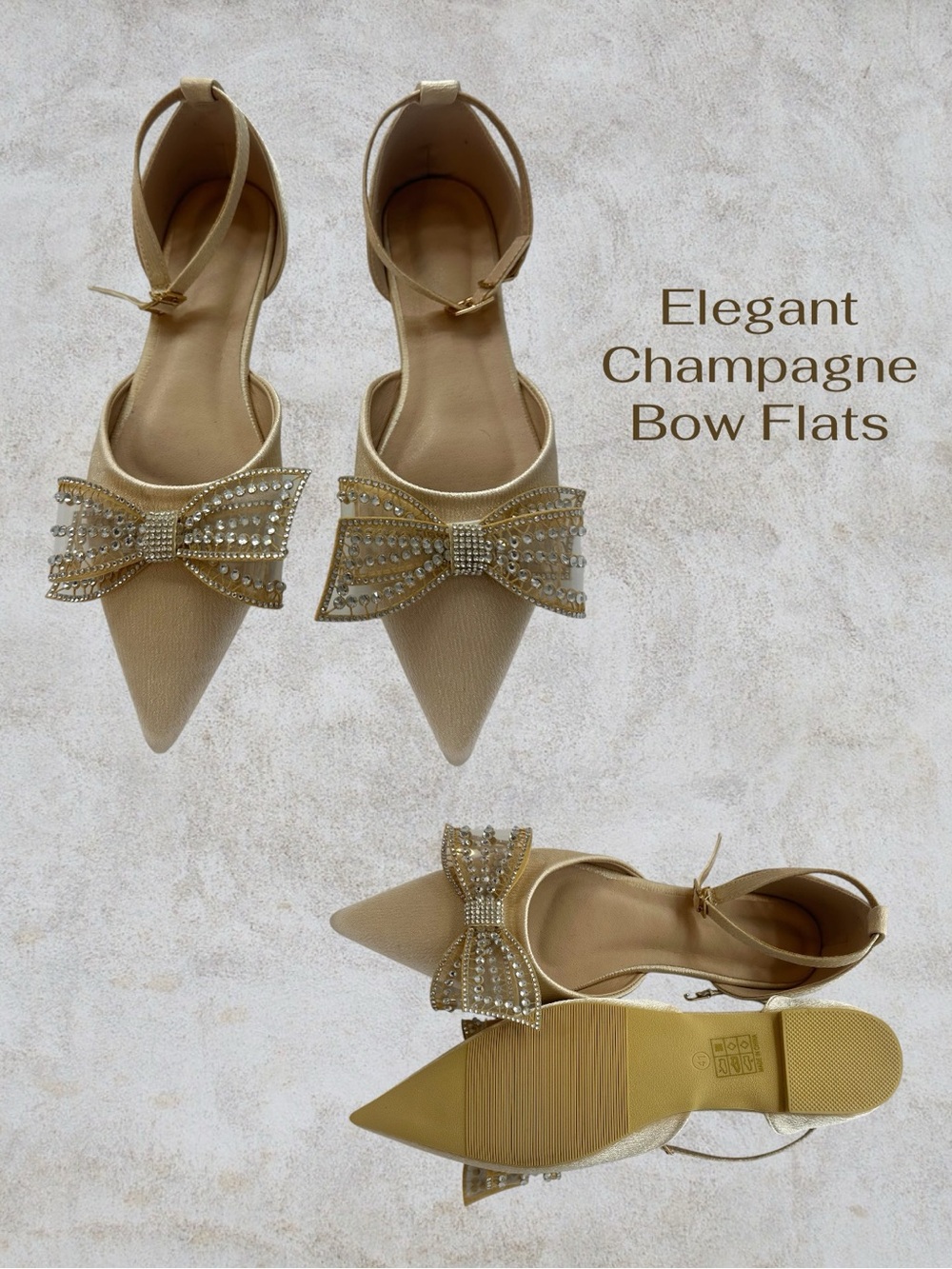 Champagne Bow Pointed Toe Flats with Ankle Strap